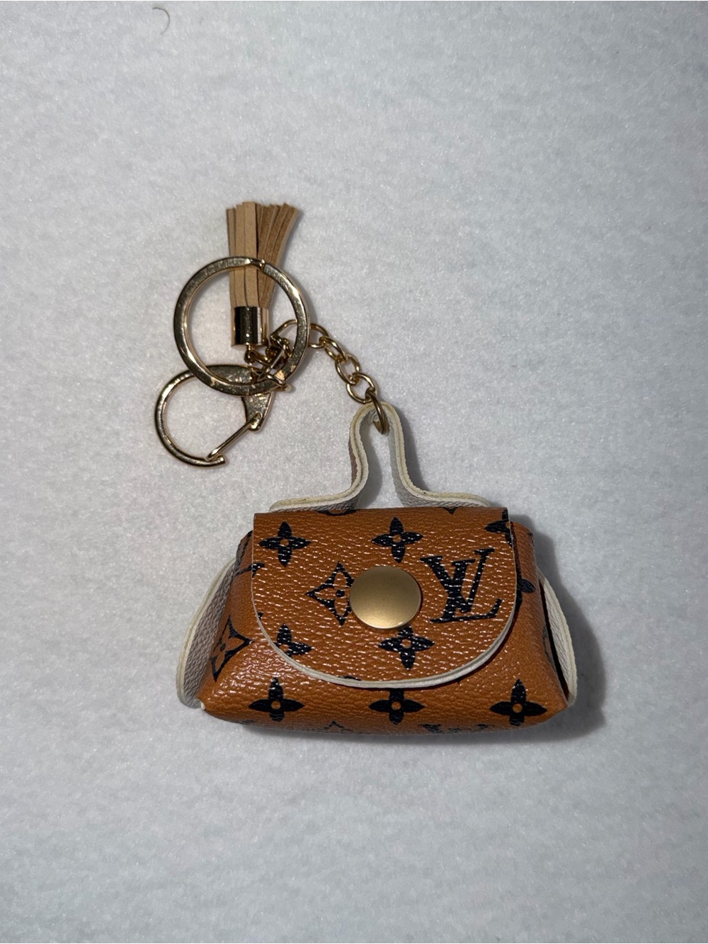 Luxury-Style Tan Monogram Mini Purse Keychain with Tassel
